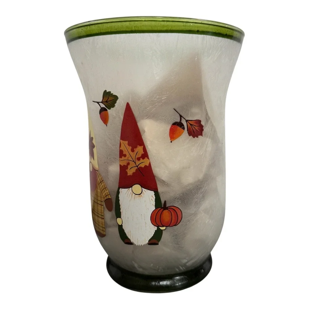 Fall Gnome Frosted Glass Candle Holder 7.75